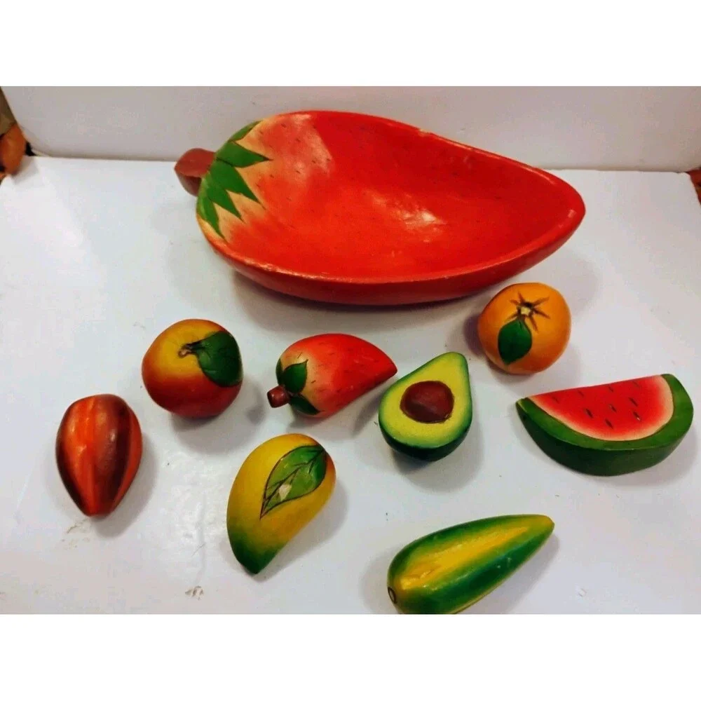 Vintage Mexican Folk Art Balsa Wood Fruit Set 8 Pc Hand Painted Strawberry Bowl